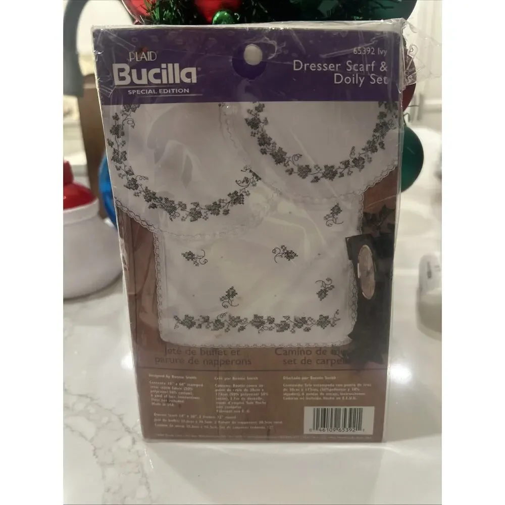Vtg Bucilla Ivy Dresser Scarf‎ 2 Doily Cross Stitch Lace Set 65392 Stamped NEW